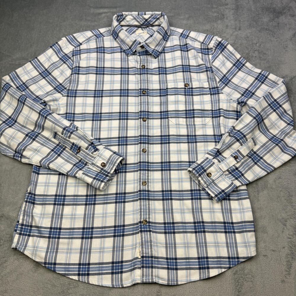 Fair Harbor Shirt Mens XL White Blue Plaid Flannel Long Sleeve Stretch Casual